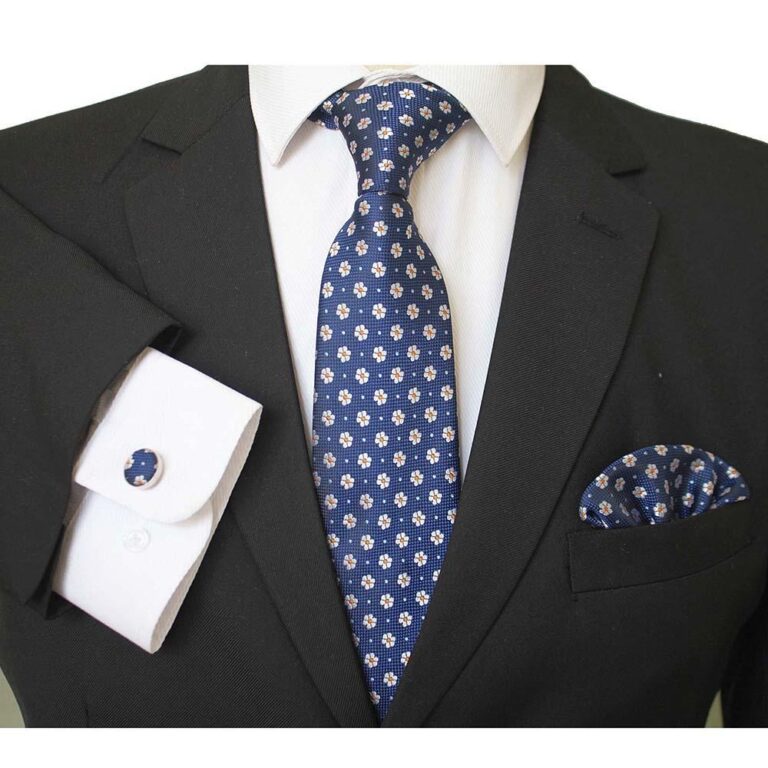 Navy Blue White Floral Designer Silk Floral Necktie with Matching Cufflinks & Pocket Square Set for Men - Celino Corp.
