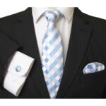 Celino Sky Blue And White Silk Necktie with Cufflinks & Pocket Square for Men