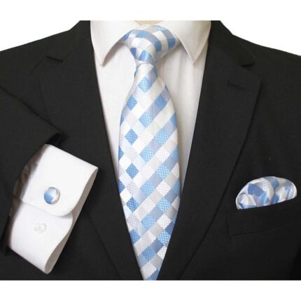 Celino Sky Blue And White Silk Necktie with Cufflinks & Pocket Square for Men