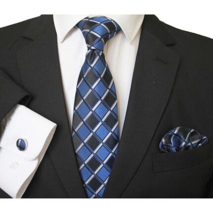 Blue & Black Designer Silk Floral Necktie with Matching Cufflinks & Pocket Square Set for Men - Celino Corp.