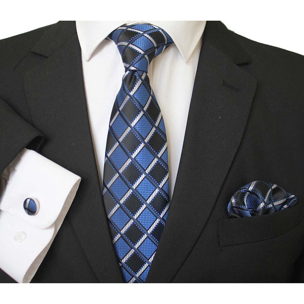 CET006_1 Blue & Black Designer Silk Floral Necktie with Matching Cufflinks & Pocket Square Set for Men - Celino Corp.