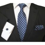 Celino Navy Blue And White Silk Necktie with Cufflinks & Pocket Square for Men - Celino Corp.