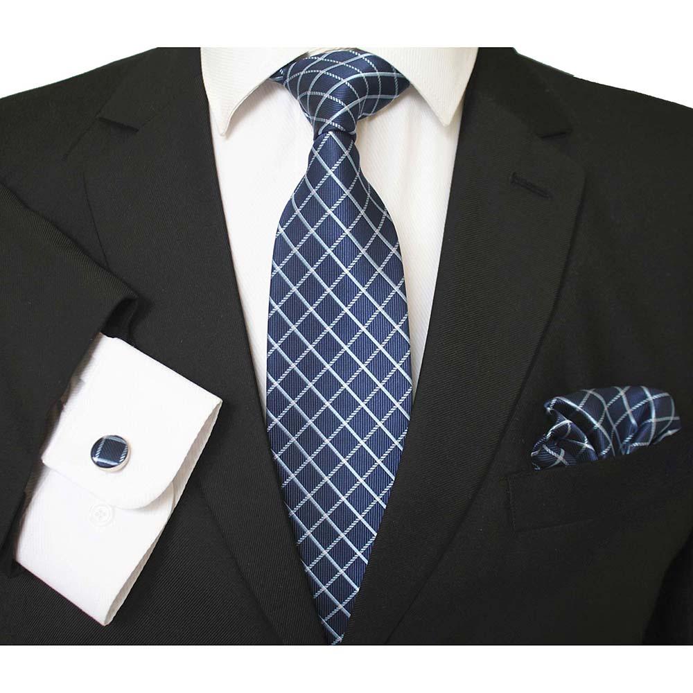 CET007_1_97df9d40-e284-4cc0-b5ff-e74ba5db0dd5 Celino Navy Blue And White Silk Necktie with Cufflinks & Pocket Square for Men - Celino Corp.