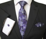 Purple Silver & Black Designer Silk Floral Necktie with Matching Cufflinks & Pocket Square Set for Men
