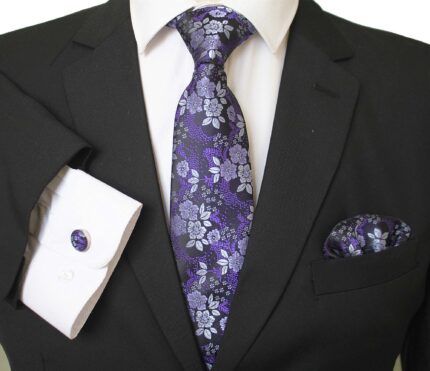 Purple Silver & Black Designer Silk Floral Necktie with Matching Cufflinks & Pocket Square Set for Men