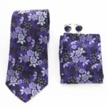 Purple Silver & Black Designer Silk Floral Necktie with Matching Cufflinks & Pocket Square Set for Men - Image 2