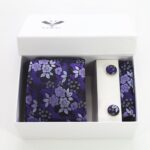 Purple Silver & Black Designer Silk Floral Necktie with Matching Cufflinks & Pocket Square Set for Men - Image 3