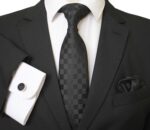 Black Squares Designer Silk Floral Necktie with Matching Cufflinks & Pocket Square Set for Men - Celino Corp.