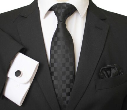 Black Squares Designer Silk Floral Necktie with Matching Cufflinks & Pocket Square Set for Men - Celino Corp.