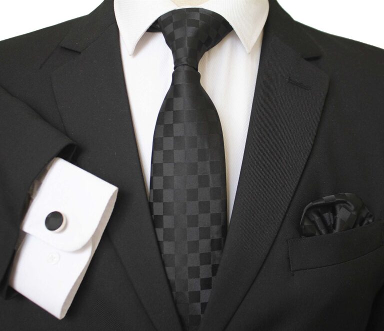 Black Squares Designer Silk Floral Necktie with Matching Cufflinks & Pocket Square Set for Men - Celino Corp.
