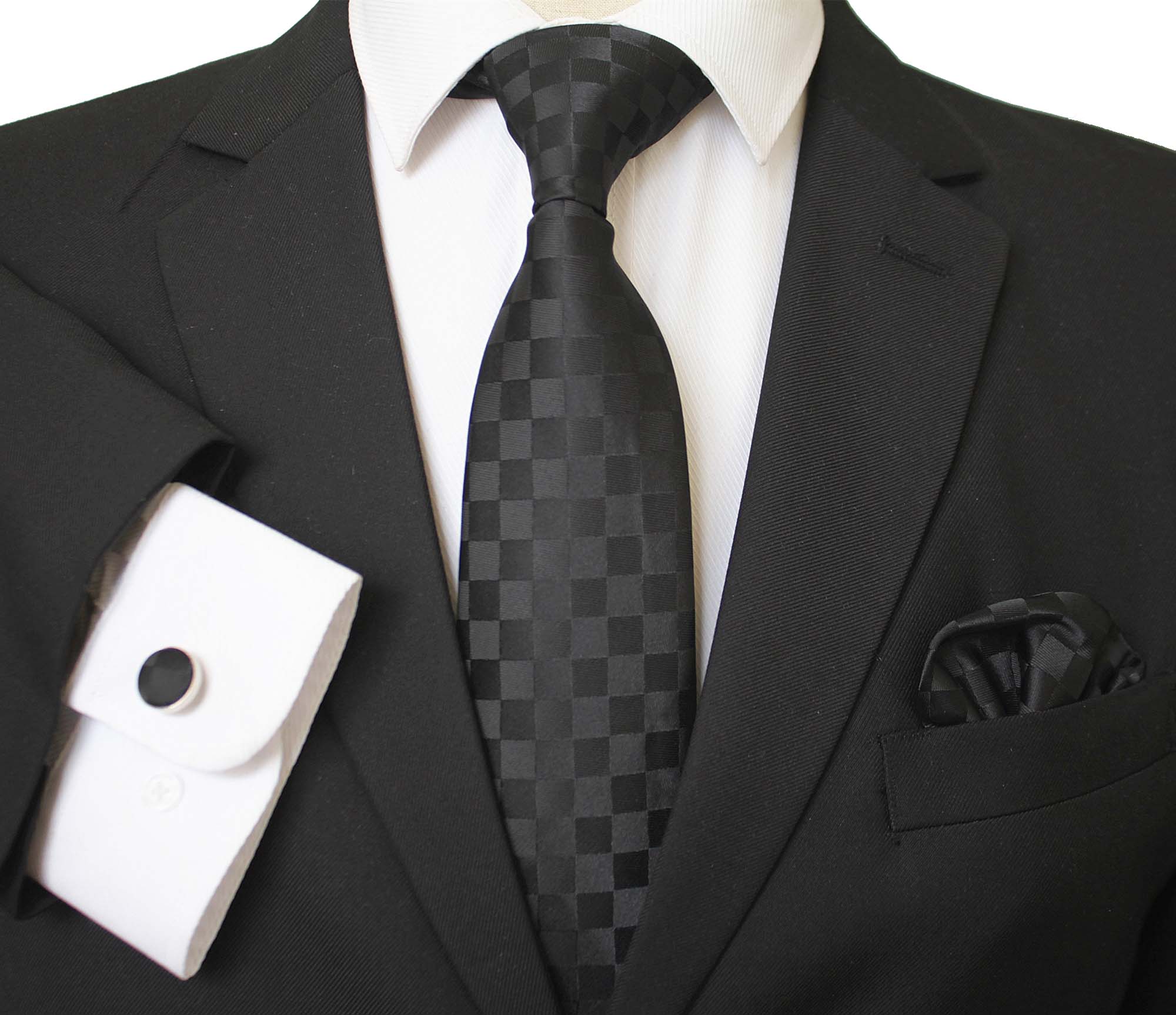 CET010_1a Black Squares Designer Silk Floral Necktie with Matching Cufflinks & Pocket Square Set for Men - Celino Corp.