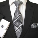 Silver Grey Black Paisley Designer Silk Floral Necktie with Matching Cufflinks & Pocket Square Set for Men
