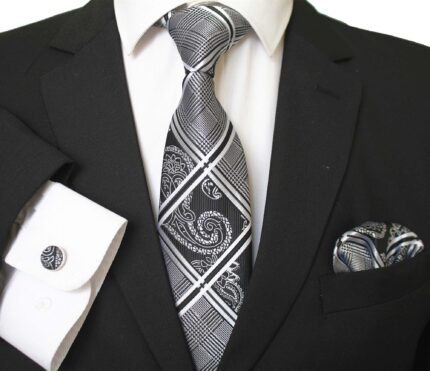 Silver Grey Black Paisley Designer Silk Floral Necktie with Matching Cufflinks & Pocket Square Set for Men