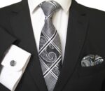 Celino Silver Grey Black Silk Necktie with Cufflinks & Pocket Square for Men - Celino Corp.