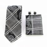 Silver Grey Black Paisley Designer Silk Floral Necktie with Matching Cufflinks & Pocket Square Set for Men - Image 2