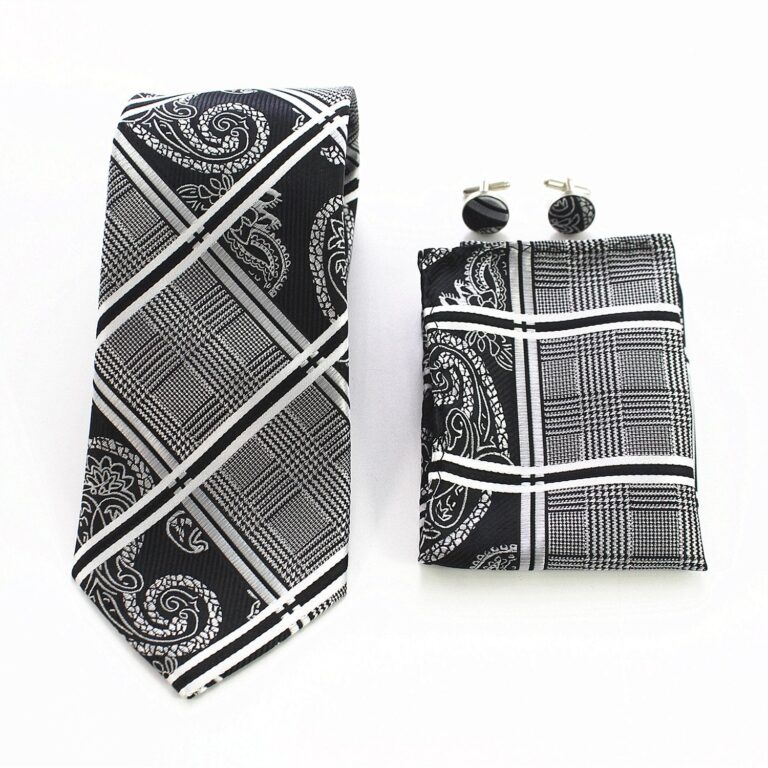 Celino Silver Grey Black Silk Necktie with Cufflinks & Pocket Square for Men - Celino Corp.