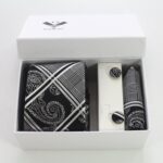 Silver Grey Black Paisley Designer Silk Floral Necktie with Matching Cufflinks & Pocket Square Set for Men - Image 3
