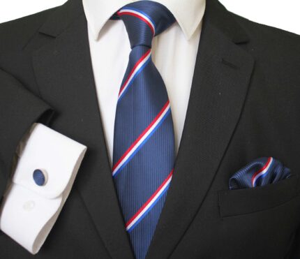 Red White & Blue Stripes Designer Silk Floral Necktie with Matching Cufflinks & Pocket Square Set for Men - Celino Corp.