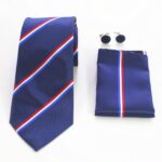 Red White & Blue Stripes Designer Silk Floral Necktie with Matching Cufflinks & Pocket Square Set for Men - Celino Corp.