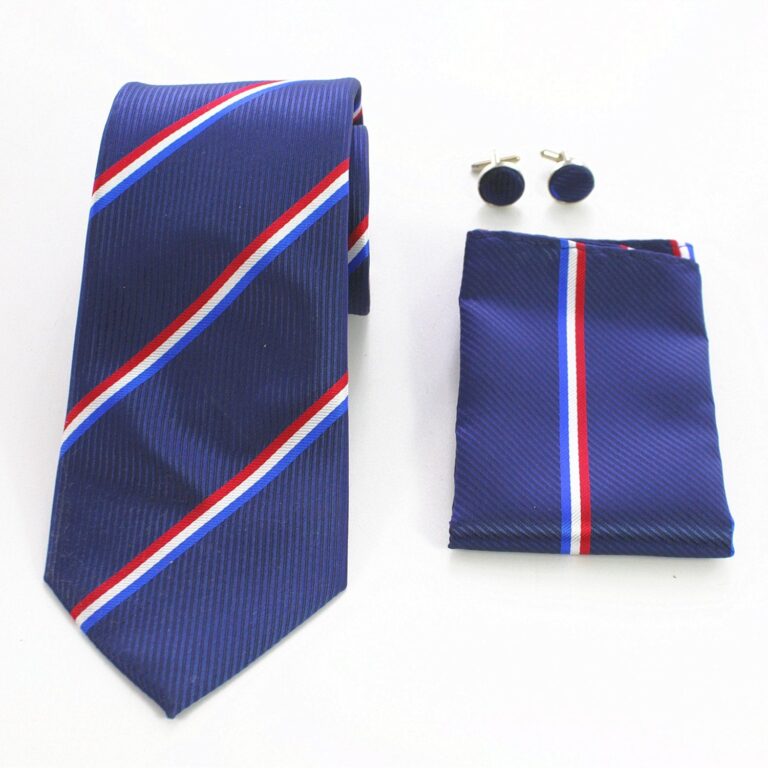 Red White & Blue Stripes Designer Silk Floral Necktie with Matching Cufflinks & Pocket Square Set for Men - Celino Corp.
