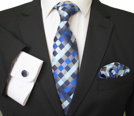 Celino Multi Color Squares Silk Necktie with Cufflinks & Pocket Square for Men