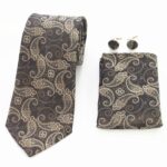Celino Brown White Paisley Silk Necktie with Cufflinks & Pocket Square for Men
