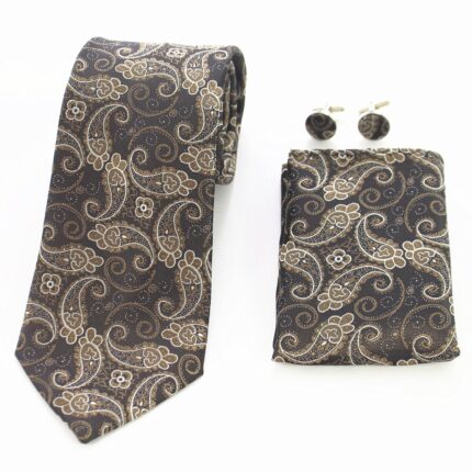 Celino Brown White Paisley Silk Necktie with Cufflinks & Pocket Square for Men
