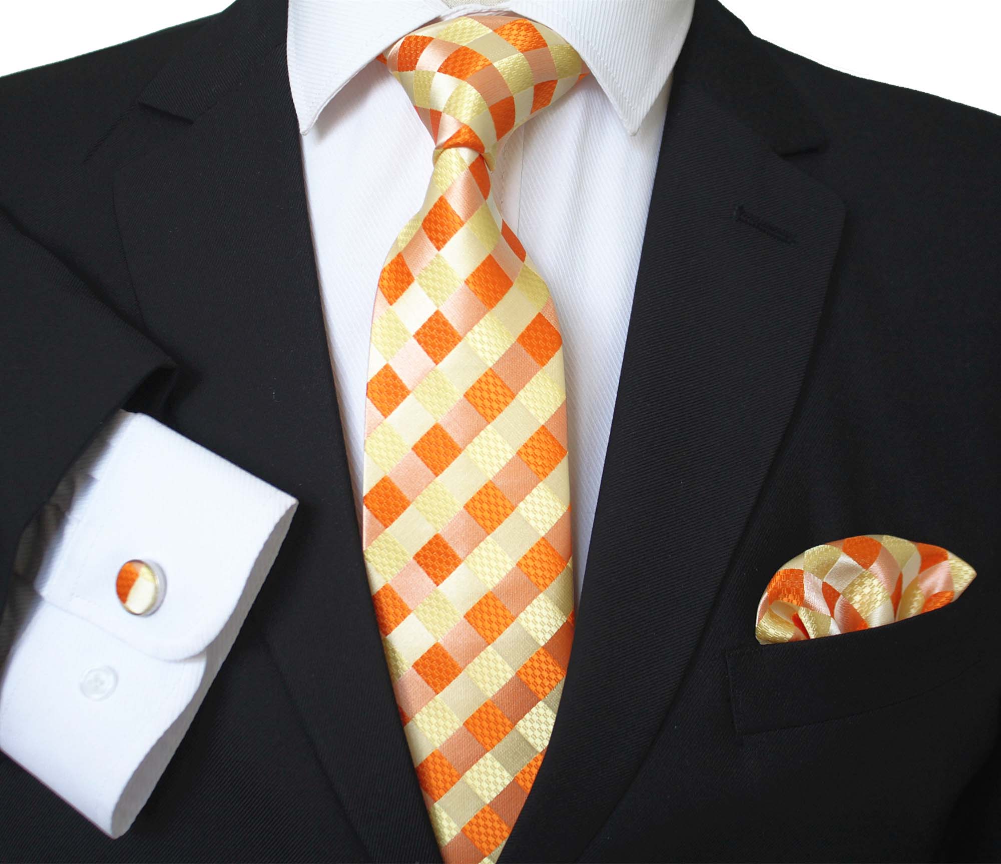CET018_1a Check Orange White Designer Silk Floral Necktie with Matching Cufflinks & Pocket Square Set for Men - Image 1