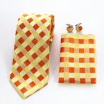 Check Orange White Designer Silk Floral Necktie with Matching Cufflinks & Pocket Square Set for Men - Image 2