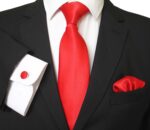 Red Color Designer Silk Floral Necktie with Matching Cufflinks & Pocket Square Set for Men - Celino Corp.