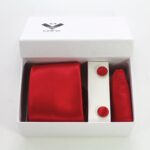 Red Color Designer Silk Floral Necktie with Matching Cufflinks & Pocket Square Set for Men - Celino Corp.