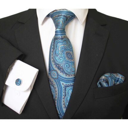 Textured Blue Designer Silk Floral Necktie with Matching Cufflinks & Pocket Square Set for Men - Celino Corp.