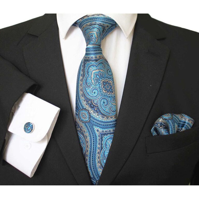 Textured Blue Designer Silk Floral Necktie with Matching Cufflinks & Pocket Square Set for Men - Celino Corp.
