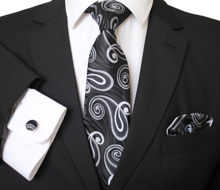 Celino Dark Gray And White Silk Necktie with Cufflinks & Pocket Square for Men - Celino Corp.
