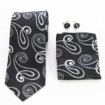 Black Color White Paisley Designer Silk Floral Necktie with Matching Cufflinks & Pocket Square Set for Men - Image 2