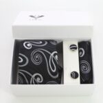 Black Color White Paisley Designer Silk Floral Necktie with Matching Cufflinks & Pocket Square Set for Men - Image 3