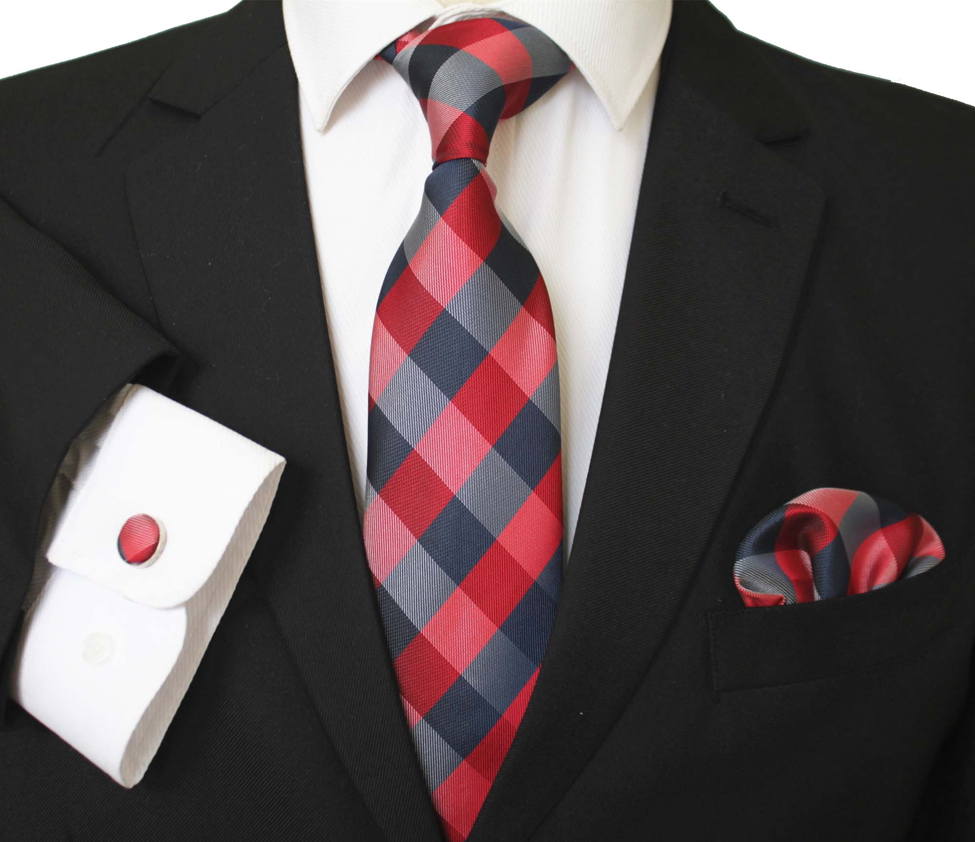 CET025_1a Check Multi Color Designer Silk Floral Necktie with Matching Cufflinks & Pocket Square Set for Men - Image 1