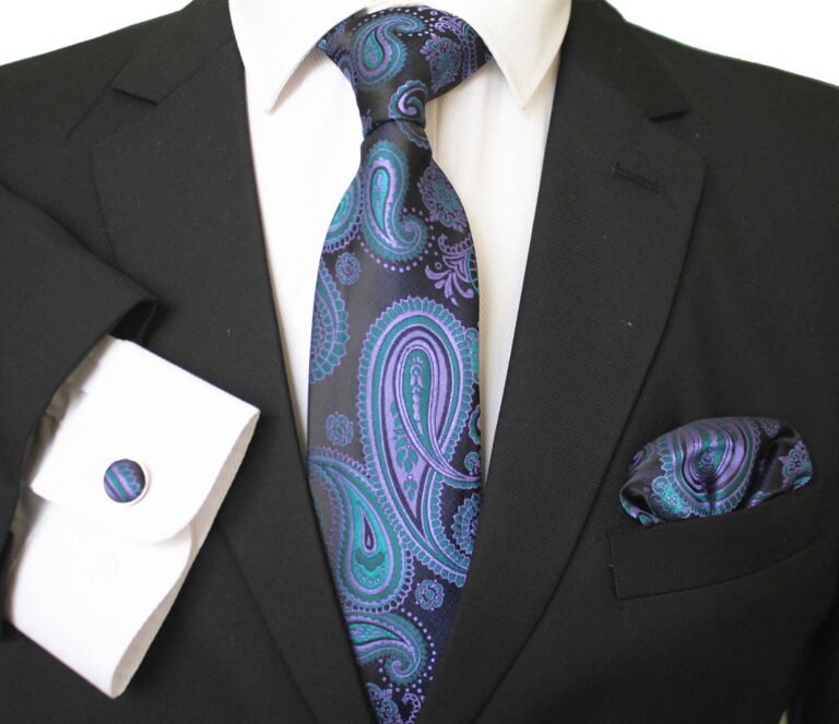 Black with Blue Paisley Designer Silk Floral Necktie with Matching Cufflinks & Pocket Square Set for Men - Celino Corp.