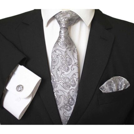 Grey & White Paisley Designer Silk Floral Necktie with Matching Cufflinks & Pocket Square Set for Men - Celino Corp.