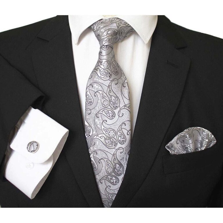 Grey & White Paisley Designer Silk Floral Necktie with Matching Cufflinks & Pocket Square Set for Men - Celino Corp.