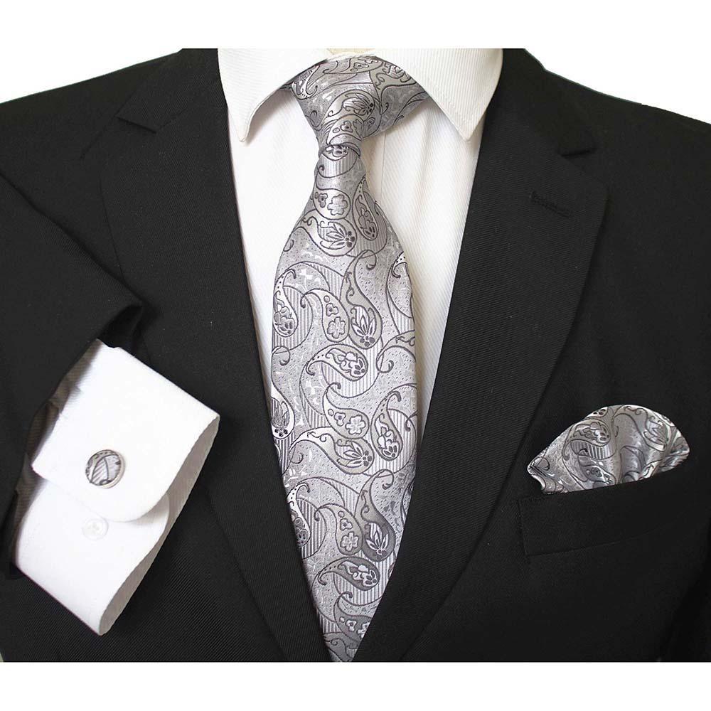 CET030_1 Grey & White Paisley Designer Silk Floral Necktie with Matching Cufflinks & Pocket Square Set for Men - Celino Corp.