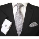 Celino Grey And White Silk Necktie with Cufflinks & Pocket Square for Men