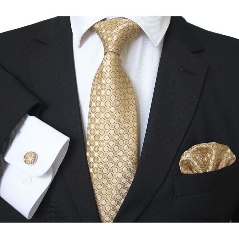 Gold Circles Designer Silk Floral Necktie with Matching Cufflinks & Pocket Square Set for Men - Celino Corp.