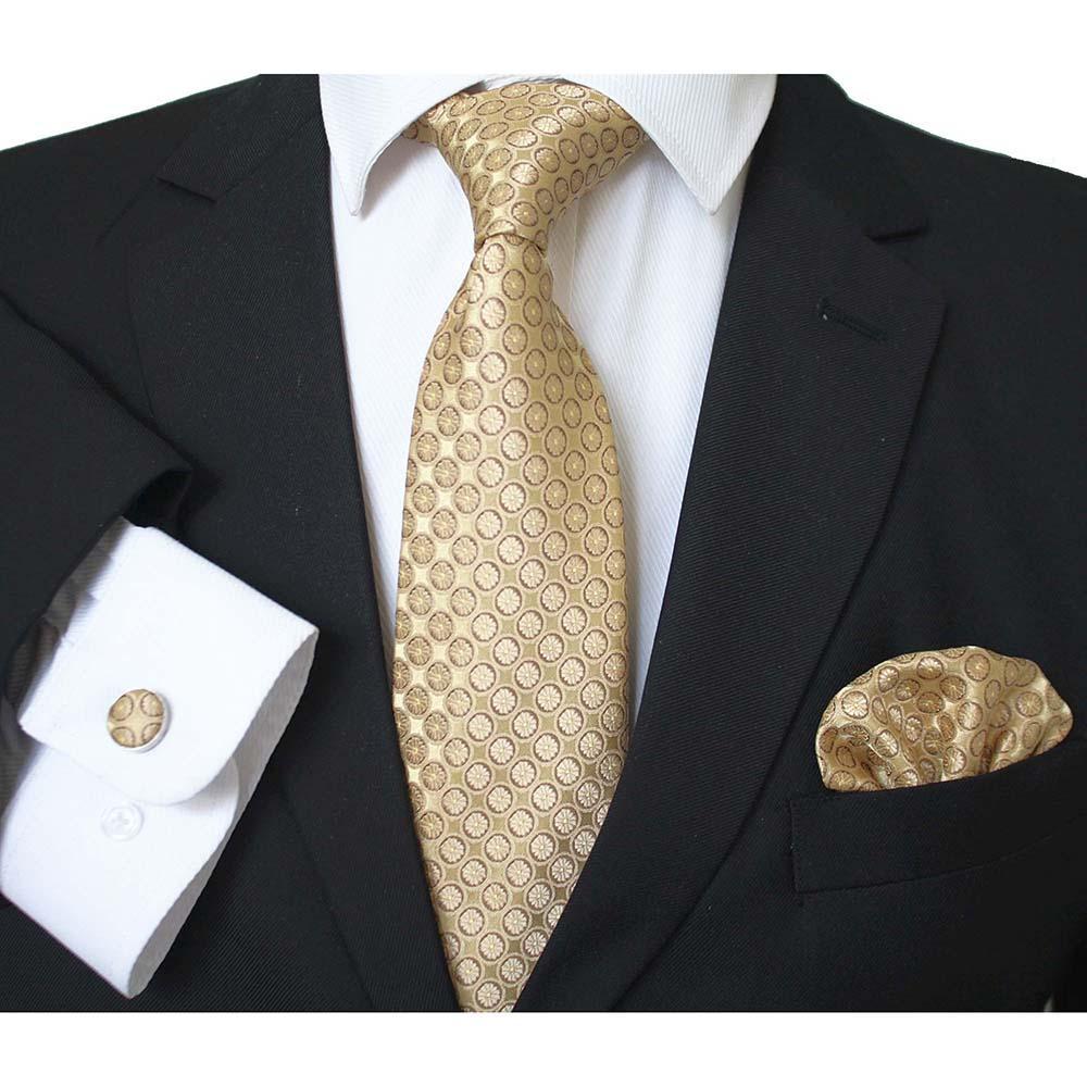 CET031_1 Gold Circles Designer Silk Floral Necktie with Matching Cufflinks & Pocket Square Set for Men - Celino Corp.