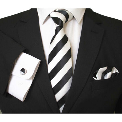 Celino Black And White Silk Necktie with Cufflinks & Pocket Square for Men