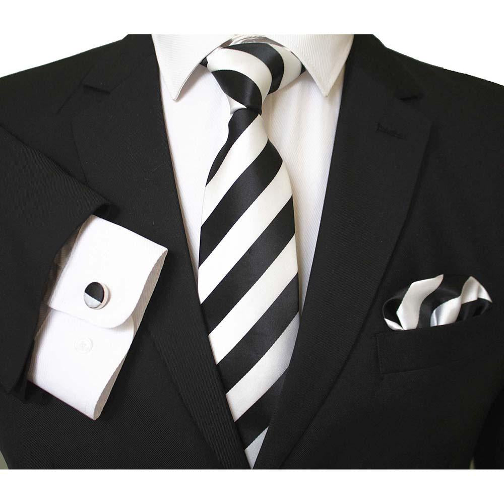 CET033_1_921833e6-e6d5-4394-a911-edc6f54dc233 Celino Black And White Silk Necktie with Cufflinks & Pocket Square for Men - Image 1