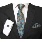 Blue And Grey Nova Plaid Designer Silk Floral Necktie with Matching Cufflinks & Pocket Square Set for Men - Celino Corp.