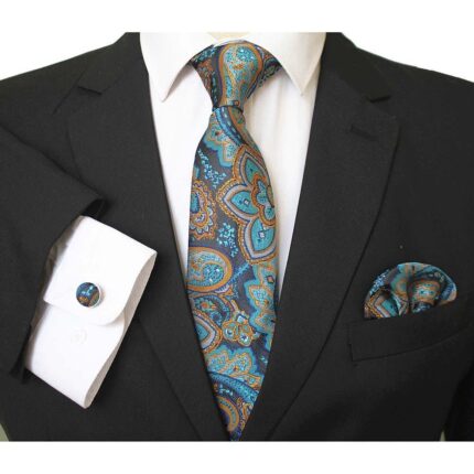 Blue And Grey Nova Plaid Designer Silk Floral Necktie with Matching Cufflinks & Pocket Square Set for Men - Celino Corp.