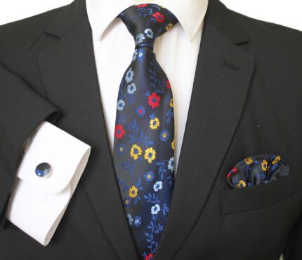 Multi Color Floral Designer Silk Floral Necktie with Matching Cufflinks & Pocket Square Set for Men