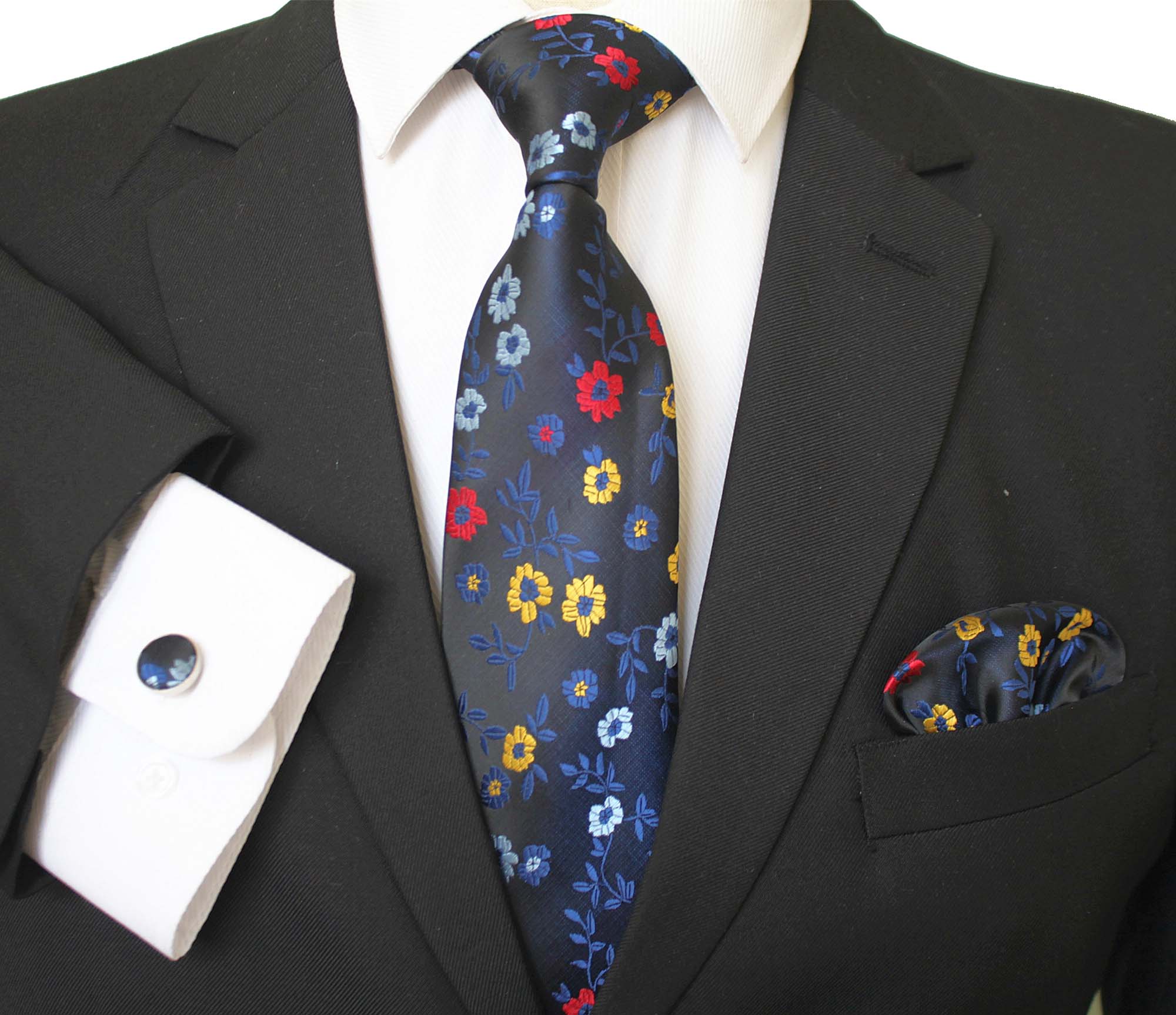 CET037_1a_dfdbdaf4-2725-4b55-981a-1fc2399ca46a Multi Color Floral Designer Silk Floral Necktie with Matching Cufflinks & Pocket Square Set for Men - Image 1